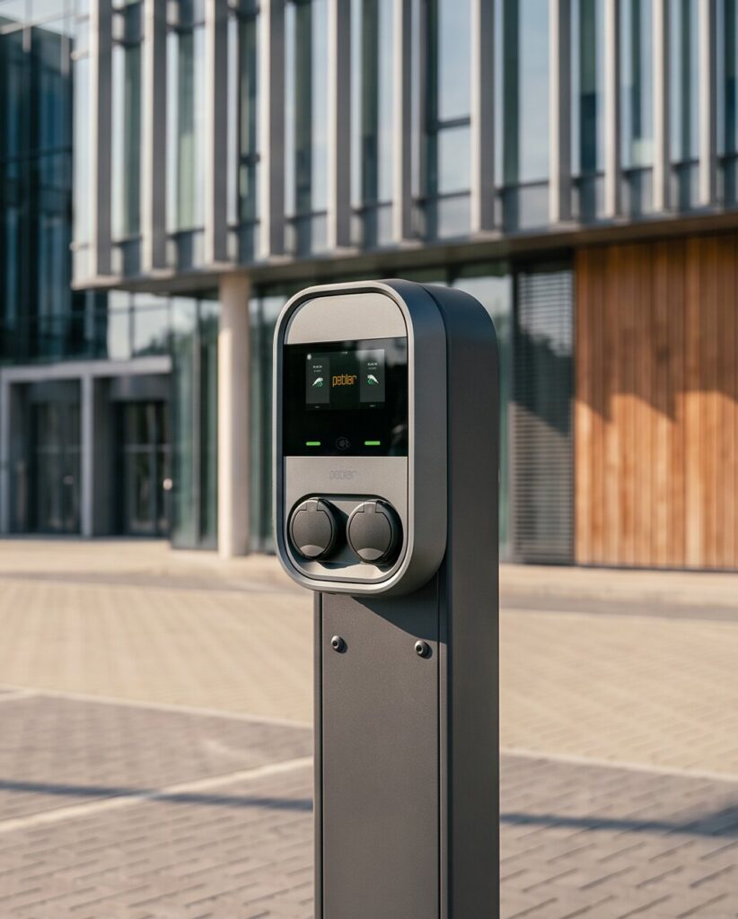 Peblar Dual met touchscreen en twee laadpunten op een paal